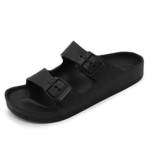 FUNKYMONKEY Women's Comfort Slides Double Buckle Adjustable EVA Flat Sandals (11 M US-Women, Black)