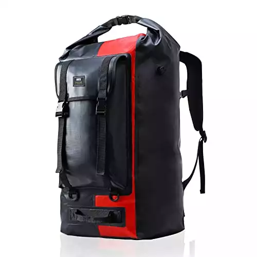 MIER Extra Large Waterproof Duffel Backpack Roll Top Duffle Bags for Men Women 60/100/150L Heavy Duty Dry Bag for Kayaking Boating Camping Gear Motorcycle Trips Hiking Travel Rafting, 60L, Black/Red