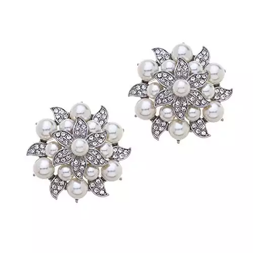MLAVXCC 2Pcs Fashion Rhinestone Pearls Flower Shoe Clips Crystal Wedding Party Shoes Buckles Decorations (Silver)