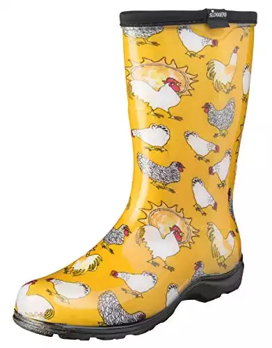 Sloggers Waterproof Garden Rain Boots for Women - Cute Mid-Calf Mud & Muck Boots with Premium Comfort Support Insole, (Chickens Daffodil Yellow), (Size 6)