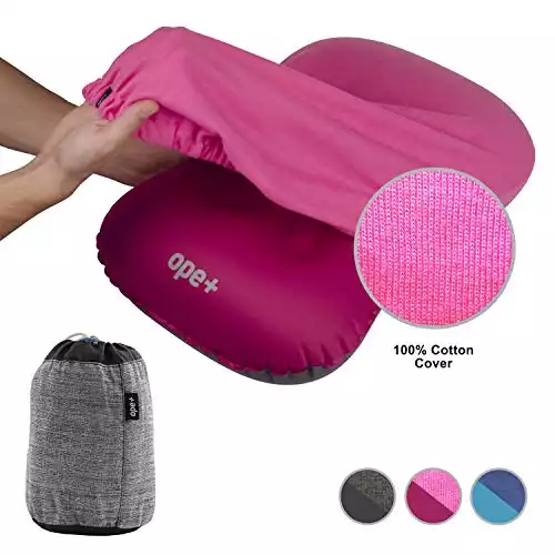 ope+ OpePlus Inflatable Camping Pillow Set – Camp, Travel, Backpacking Ultralight and Hiking Blow Up Pillow with Outdoor Soft Cotton Cover for Sleeping – Also Suitable as Lumbar Support (Pink)