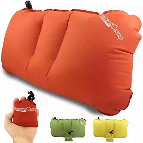 InstantCamp Ultra Light Inflatable Backpacking Travel Pillow - Compact, Ergonomic, Durable for Lumbar Support, Camp, Traveling Includes Stuff Sack (Orange)