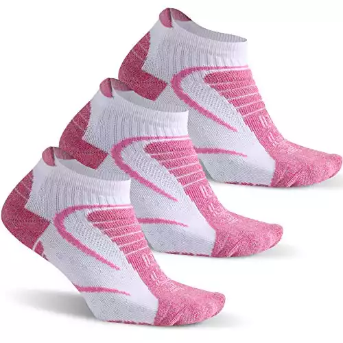 Facool Woman's CoolMax Fabric Mid Hiker Thick Padded Quarter Athletic Socks Anti-Blister,One Size,3 Pairs Pink&white