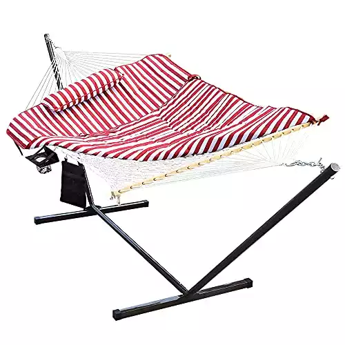Lazy Daze Hammocks Double Outdoor Hammock with 12 ft Steel Stand, 2 Person Cotton Rope Hammock with Quilted Pad, Spreader Bars, Detachable Pillow, Mag Bag & Cup Holder