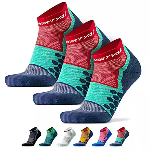 Thirty48 Performance Compression Low Cut Running Socks for Men and Women | More Compression Where Needed ([3 Pair] Red/Blue, Large - Women 9-10.5 // Men 10-11.5)