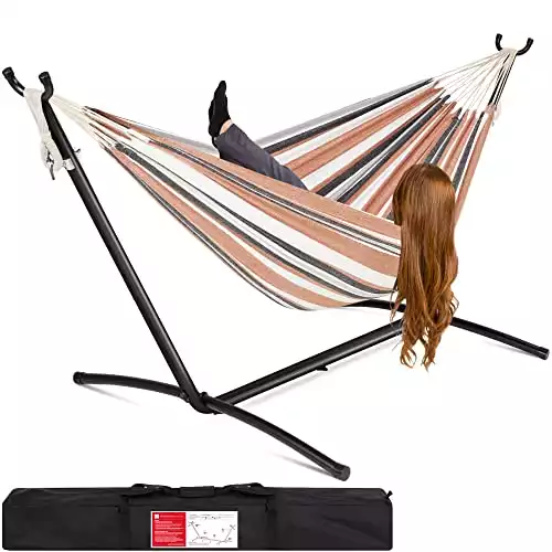 Best Choice Products Portable Indoor Outdoor 2-Person Cotton Double Hammock Set w/ Steel Stand and Storage Case, Desert Stripes