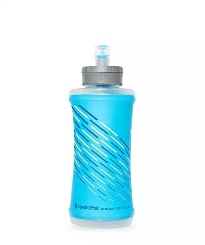 HydraPak SkyFlask 500ml - Lightweight Collapsible Handheld Running Water Bottle Soft Flask - (500 ml/16 oz) - Adjustable Handstrap, Spill-Proof Cap, Malibu Blue